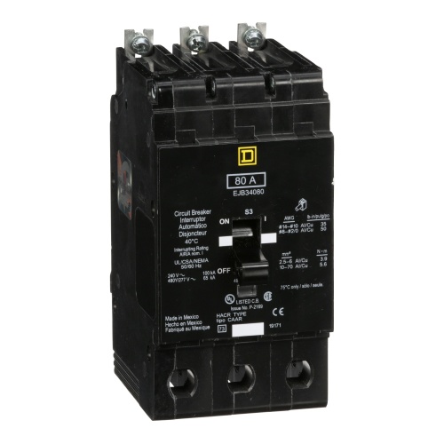Schneider Electric EJB34080 E-Frame Brkr 80A, 3P, 480Y/277V, 65/100kA, Bolt-on Mnt