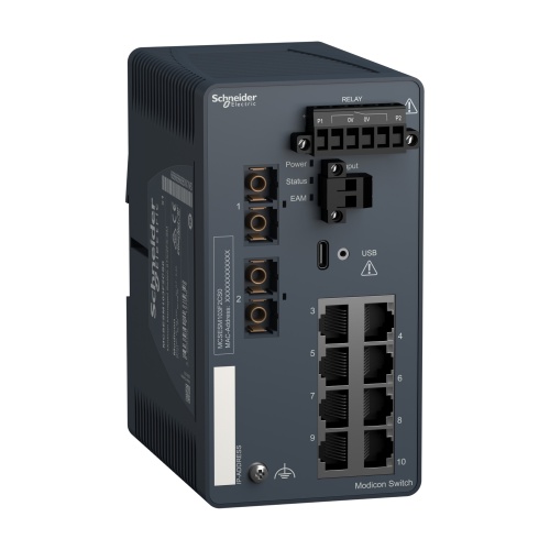 Schneider Electric MCSESM103F2CS0 - Network switch, Modicon Networking, managed, 8 ports for copper with 2 ports for fiber optic, singlemode