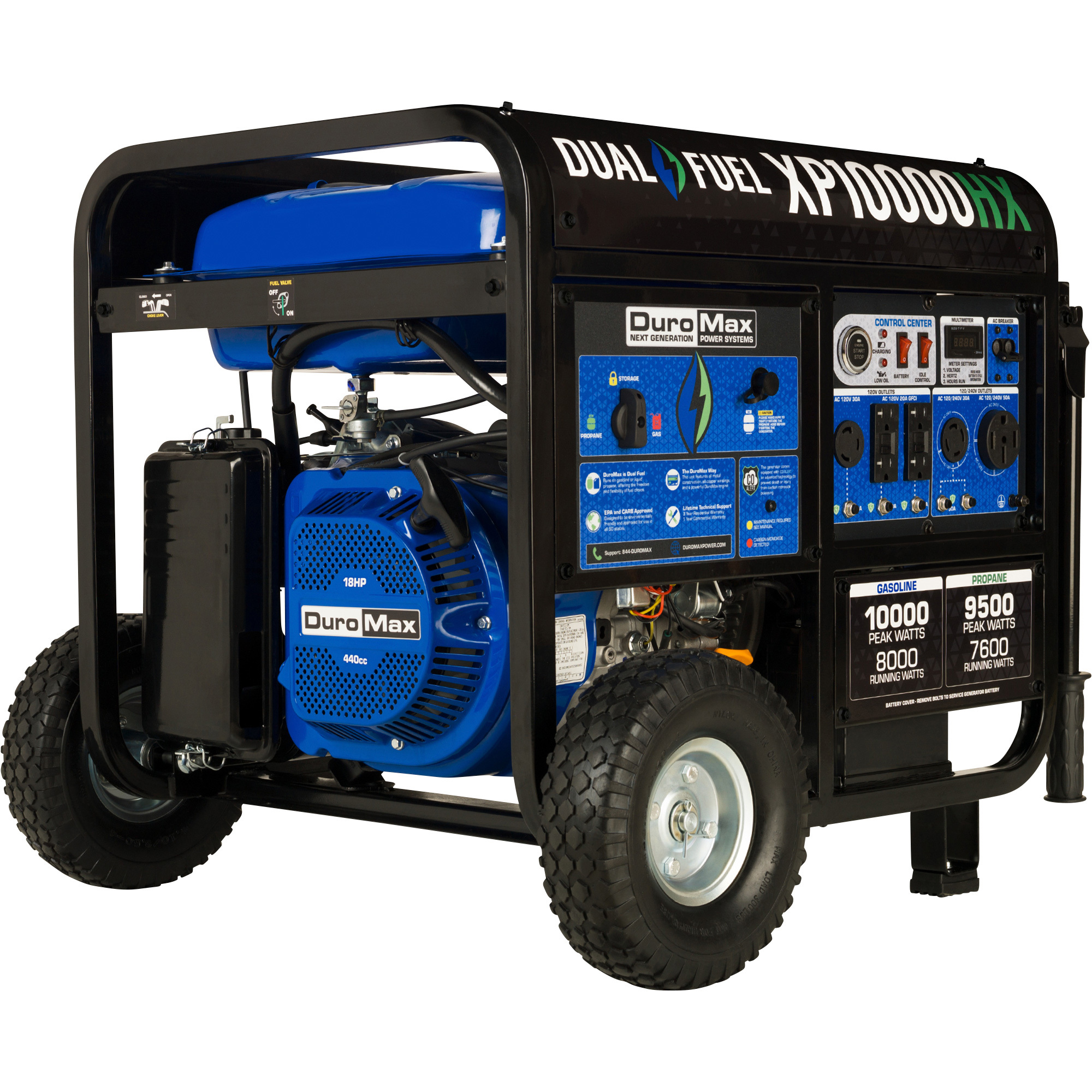 DuroMax Dual Fuel Generator with CO Alert — 10,000 Surge Watts, 8000 Rated Watts, Electric Start, Model# XP10000HX